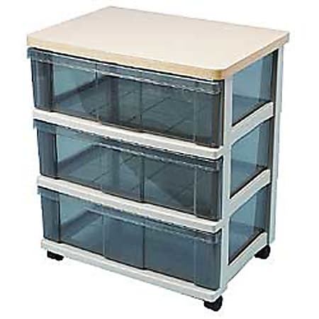 Iris® 3-Drawer Medium-Wide Wood Top Storage System, Medium Oak/Gray