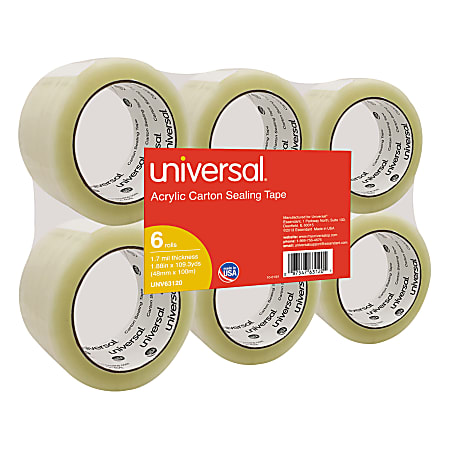 Universal UNV63120 Box Sealing TAPE, 2" X 110 Yards, 3" Core, Clear, 6/Box **1 PK - 110 yd Length x 2" Width - 1.7 mil Thickness - 3" Core - Acrylic