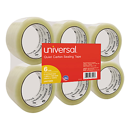 Universal UNV73000 Quiet Carton Sealing Tape, 2"x110 Yards, 3" Core, Clear - 110 yd x 2"x 2 mil Thickness - 3" Core - Clear - Acrylic -  - 73000
