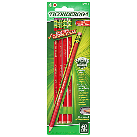 Ticonderoga® Erasable Checking Pencils, 2.6 mm, Red, Pack Of 4 Pencils