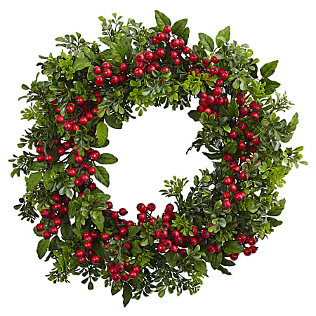 Nearly Natural Berry Boxwood Wreath, 24” x 3”, Red
