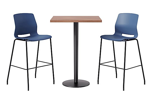 KFI Studios Proof Bistro Square Pedestal Table, Includes 2 Stools, 43-1/2”H x 30”W x 30”D, River Cherry Top/Black Base/Navy Chairs - 840031942371