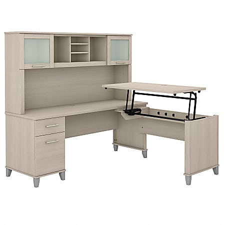 Bush® Furniture Somerset 72"W 3-Position Sit-to-Stand L-Shaped Desk With Hutch, Sand Oak, Standard Delivery