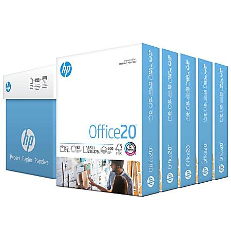 HP Office20 Multi-Use Print & Copy Paper, Letter Size (8 1/2" x 11"), 92 (U.S.) Brightness, 20 Lb, White, 500 Sheets Per Ream, Case Of 5 Reams