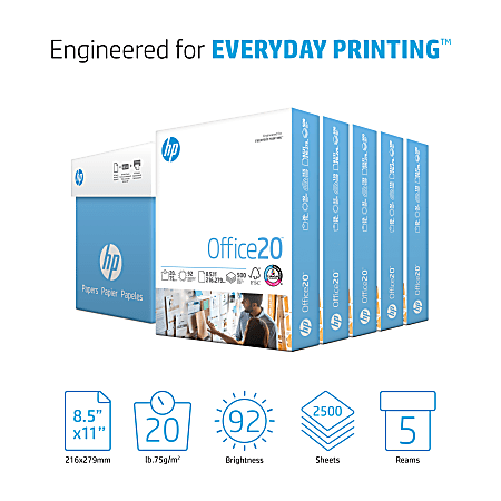 HP Office20 Printer Copier Paper Letter Size 8 12 x 11 2500 Sheets Total 20  Lb White 500 Sheets Per Ream Case Of 5 Reams - Office Depot