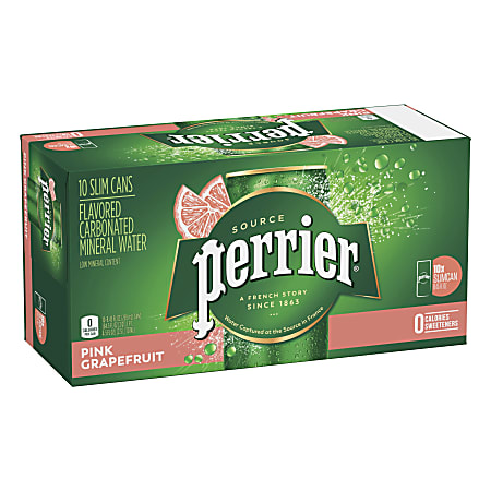 Perrier Slim Can Mineral Water, 8.45 Oz, Pink Grapefruit, Carton Of 10