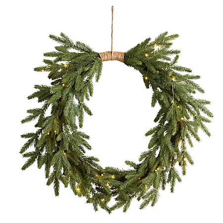 Nearly Natural Holiday Christmas 24”H Pine Pre-Lit Cascading Wreath, 24” x 5”, Green