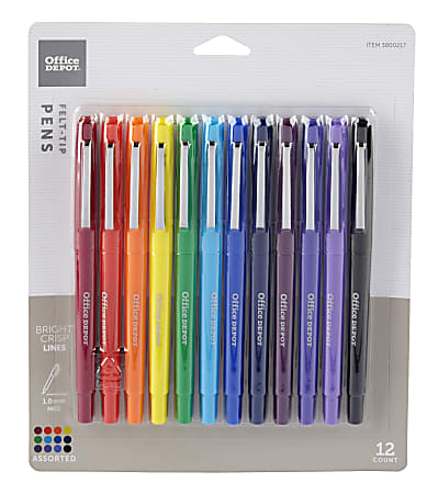 Office Depot® Brand Felt-Tip Porous Pens, Medium Point, 1.0 mm, Assorted Barrel Colors, Assorted Ink Colors, Pack Of 12 Pens