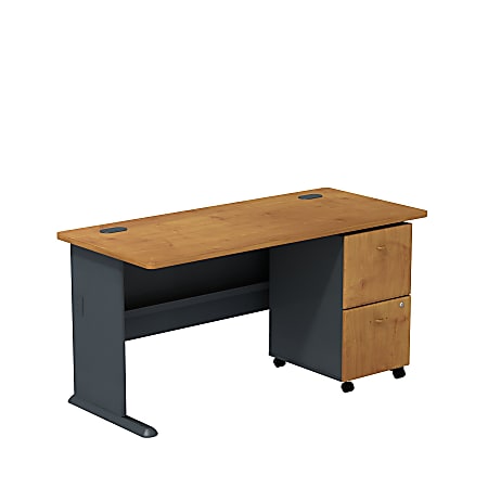 Bush Business Furniture Office Advantage Desk With 2 Drawer Mobile Pedestal, Natural Cherry/Slate, Premium Installation