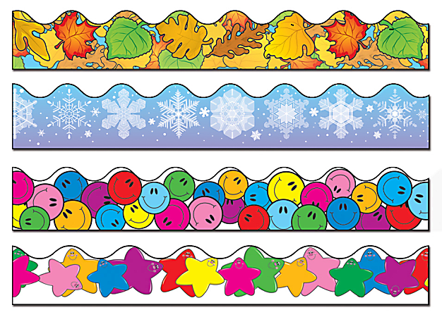 Carson-Dellosa Scalloped Borders Sets, Snowflake/Colored Leaves/Smiley Faces/Colorful Stars, Multicolor, Pre-K - Grade 8, Pack Of 4