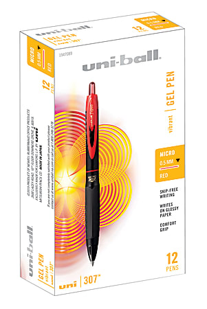 uni-ball® 307™ Gel Pens, Microtip Point, 0.5 mm, Black Barrel, Red Ink, Pack Of 12