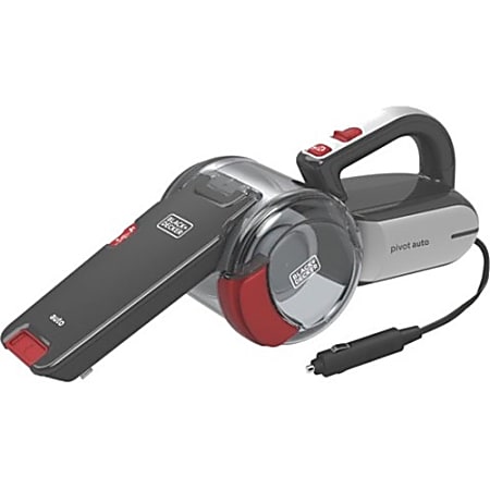 Black+Decker Automotive Pivot Hand Vacuum - 12.50 W Air Watts - Hose, Brush, Crevice Tool, Filter - 16 ft Cable Length - Battery - 12 V DC - Gray, Red