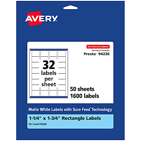 Avery® Permanent Labels With Sure Feed®, 94226-WMP50, Rectangle, 1-1/4" x 1-3/4", White, Pack Of 1,600