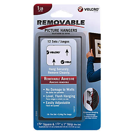 VELCRO® Brand Removable Adhesive Picture Hangers, White, Pack Of 12 Sets