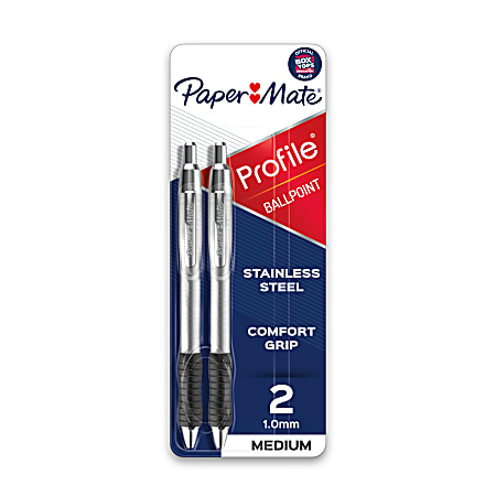 Paper Mate® Profile Metal Barrel Ballpoint Pens, Medium Point, 1.0 mm, Silver Barrel, Black Ink, Pack Of 2 Pens