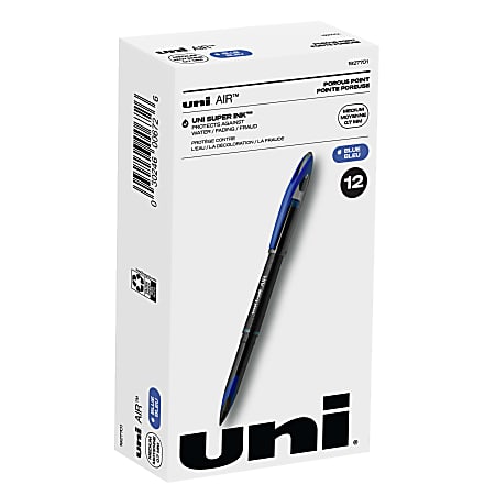 uni-ball® AIR™ Rollerball Pen, Medium Point, 0.7 mm, Black Barrel, Blue Ink, Pack Of 12