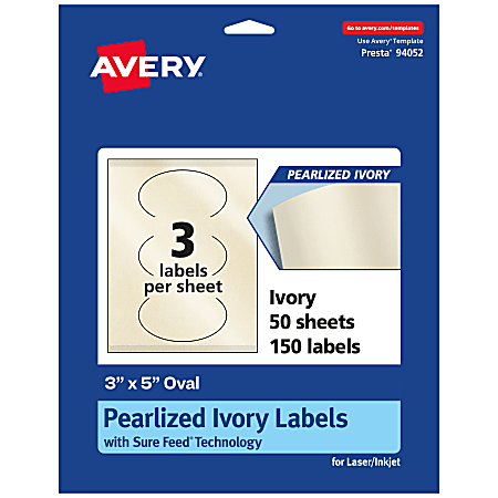 Avery® Pearlized Permanent Labels With Sure Feed®, 94052-PIP50, Oval, 3" x 5", Ivory, Pack Of 150 Labels