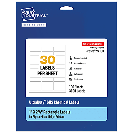 Avery® Ultra Duty® Permanent GHS Chemical Labels, 97180-WMUI100, Rectangle, 1" x 2-5/8", White, Pack Of 3,000