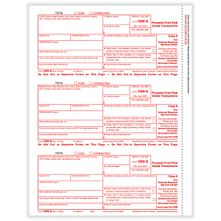 ComplyRight® 1099-S Tax Forms, Federal Copy A, 3-Up, 8-1/2" x 11", Pack Of 150 Forms