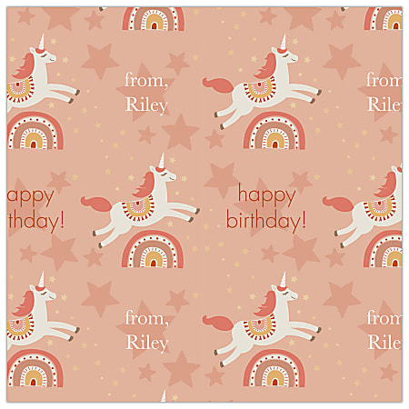 Custom Full-Color Gloss Finish Wrapping Paper, Standard Roll, 7' x 29-1/4", Blush Pink Birthday Rainbows And Unicorns