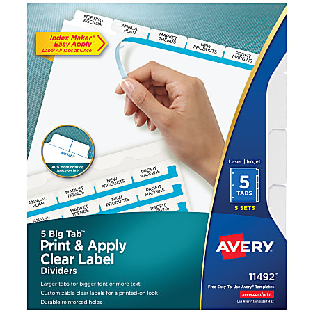 Avery® Big Tab™ Print & Apply Clear Label Dividers with Index Maker® Easy Apply™ Printable Label Strip, 5-Tab, White, Pack of 5 Sets