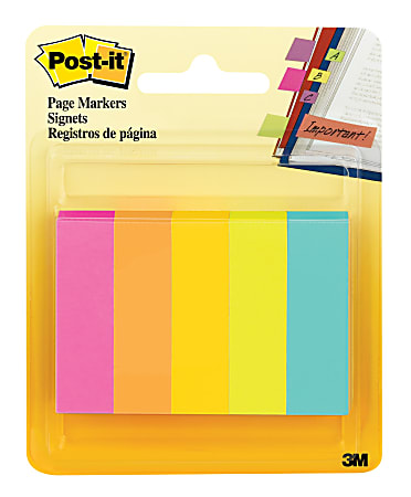 Post it® Page Markers, 1/2" x 2", Fluorescent Colors, 50 Flags Per Pad, Pack Of 5 Pads