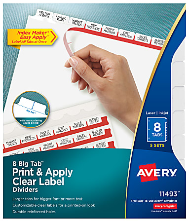 Avery® Big Tab™ Print & Apply Clear Label Dividers with Index Maker® Easy Apply™ Printable Label Strip, 8-Tab, White, Pack of 5 Sets