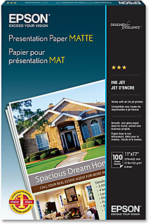 Epson® Presentation Paper, Matte White, Ledger (11" x 17"), 100 Sheets Per Pack, 27 Lb, 90 Brightness