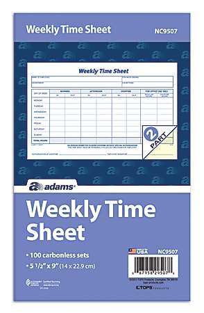 Adams® Weekly Time Sheet, 2-Part, 9" x 5 1/2", White, Pack Of 100