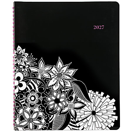 Cambridge® FloraDoodle 2027 Weekly Monthly Appointment Book Planner, Black/White, Large, 8 1/2" x 11"