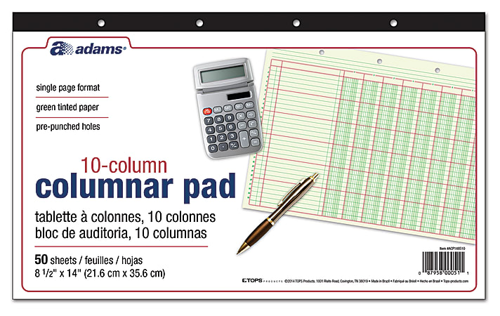 Adams® Analysis Pad, 14" x 8 1/2", 50 Pages (50 Sheets), 10 Columns, Green