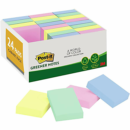 Post-it® Greener Notes Value Pack - Beachside Cafe Color Collection - 1 1/2" x 2" - Rectangle - Positively Pink, Canary Yellow, Fresh Mint, Moonstone - Paper - Self-stick, Removable, Recyclable, Residue-free, Eco-friendly - 24 / Pack - Recycled