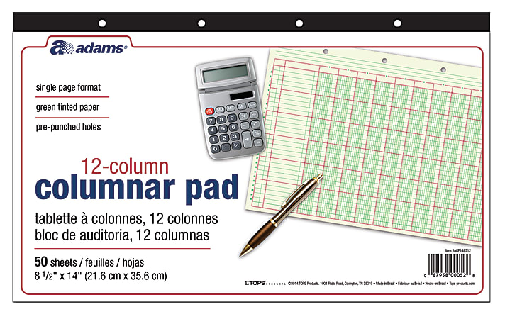 Adams® Analysis Pad, 14" x 8 1/2", 50 Pages (50 Sheets), 12 Columns, Green