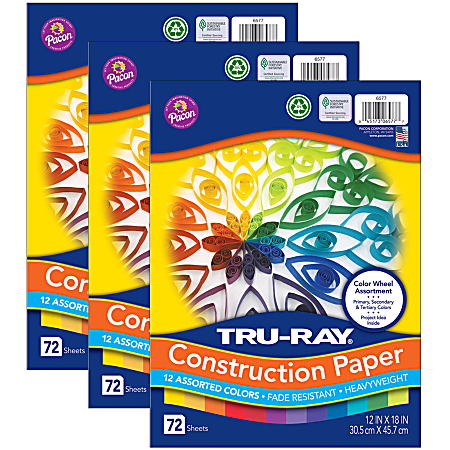 Pacon® Tru-Ray Color Wheel Paper Assortment, 12" x 18", Assorted Colors, 72 Sheets Per Pack, Set Of 3 Packs