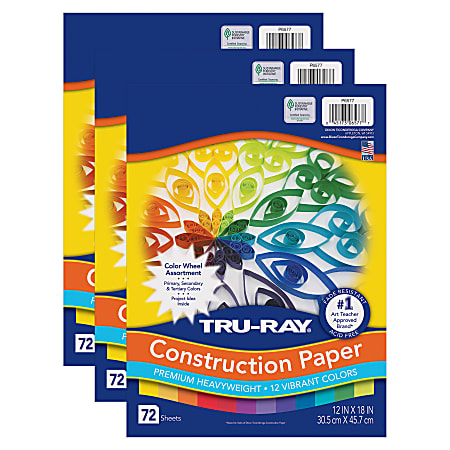 Tru-Ray Construction Paper, Heavyweight, 12" x 18", Color Wheel Assortment, 12 Vibrant Colors, 72 Sheets Per Pack, Set Of 3 Packs