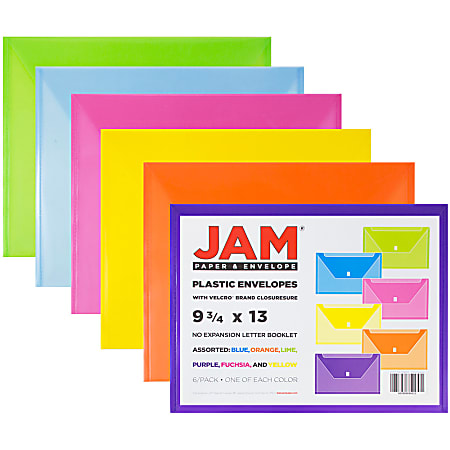 JAM Paper Plastic Letter Booklet Envelopes 9 34 x 13 Snap Closures Assorted  Colors Pack Of 6 Envelopes - Office Depot