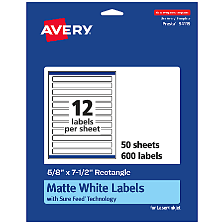 Avery® Permanent Labels With Sure Feed®, 94119-WMP50, Rectangle, 5/8" x 7-1/2", White, Pack Of 600