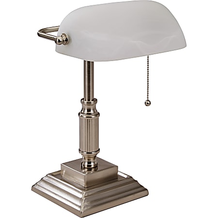 Lorell® LED Classic Banker's Lamp, Frosted Glass Shade, Brushed Nickel