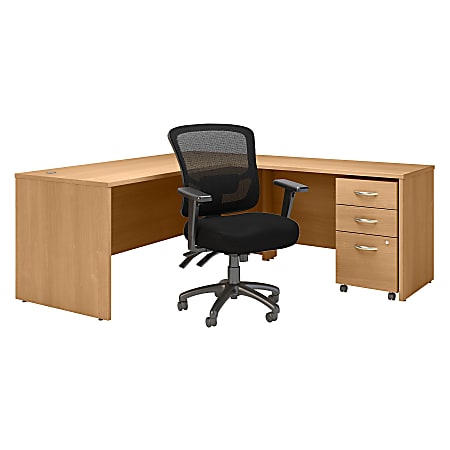 Bush Business Furniture Components 72"W L-Shaped Desk With Mobile File Cabinet And Mid-Back Multifunction Office Chair, Light Oak, Standard Delivery