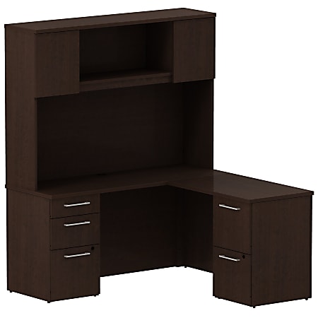 Bush Business Furniture 300 Series L Shaped Desk With Hutch And 2 Pedestals 60"W x 22"D, Mocha Cherry, Premium Installation