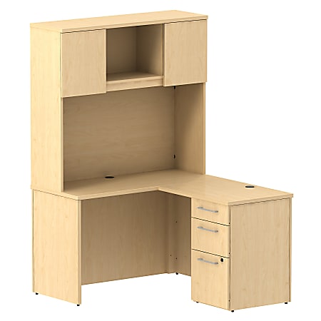 Bush Business Furniture 300 Series L Shaped Desk With Hutch And 3 Drawer Pedestal, 48"W x 22"D, Natural Maple, Premium Installation