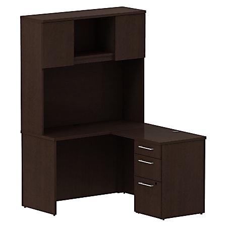 Bush Business Furniture 300 Series L Shaped Desk With Hutch And 3 Drawer Pedestal, 48"W x 22"D, Mocha Cherry, Standard Delivery