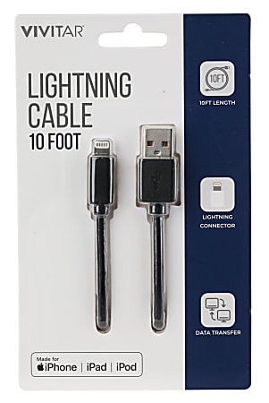 Vivitar Lightning To USB-A Cable, 10', Black, NIL1010-BLK-STK-24