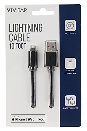 Vivitar Lightning To USB-A Cable, 10&#x27;, Black,