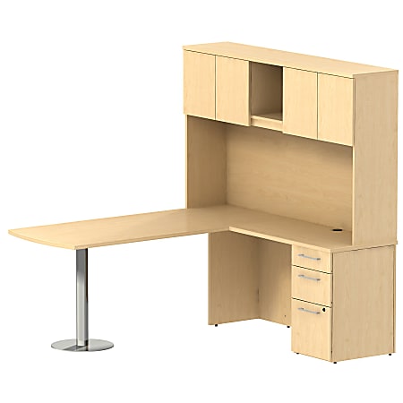 Bush Business Furniture 300 Series L Shaped Peninsula Desk With Hutch And 3 Drawer Pedestal, 72"W x 30"D, Natural Maple, Premium Installation