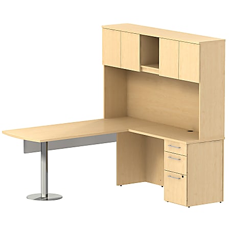 Bush Business Furniture 300 Series L Shaped Peninsula Desk And 60"W Glass Modesty Panel With Hutch And 3 Drawer Pedestal, Natural Maple, Standard Delivery