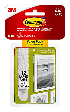 Command Large Picture Hanging Strips 12 Pairs 24 Command Strips Damage Free  White - Office Depot