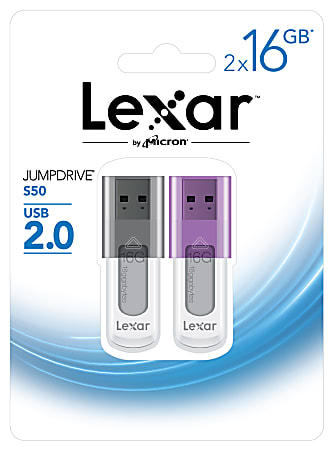 Lexar® JumpDrive® S50 USB 2.0 Flash Drives, 16GB, Black/Purple, Pack Of 2, LJDS50-16GABNL2