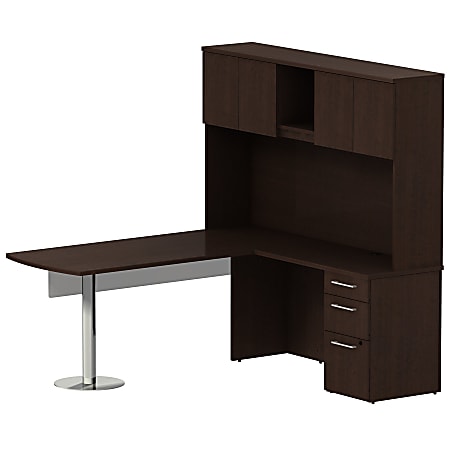 Bush Business Furniture 300 Series L Shaped Peninsula Desk And 60"W Glass Modesty Panel With Hutch And 3 Drawer Pedestal, Mocha Cherry, Premium Installation