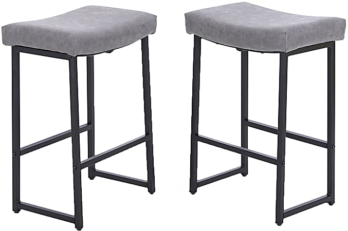 ALPHA HOME Saddle Design PU Leather Counter-Height Stools, Gray/Black, Set Of 2 Stools
